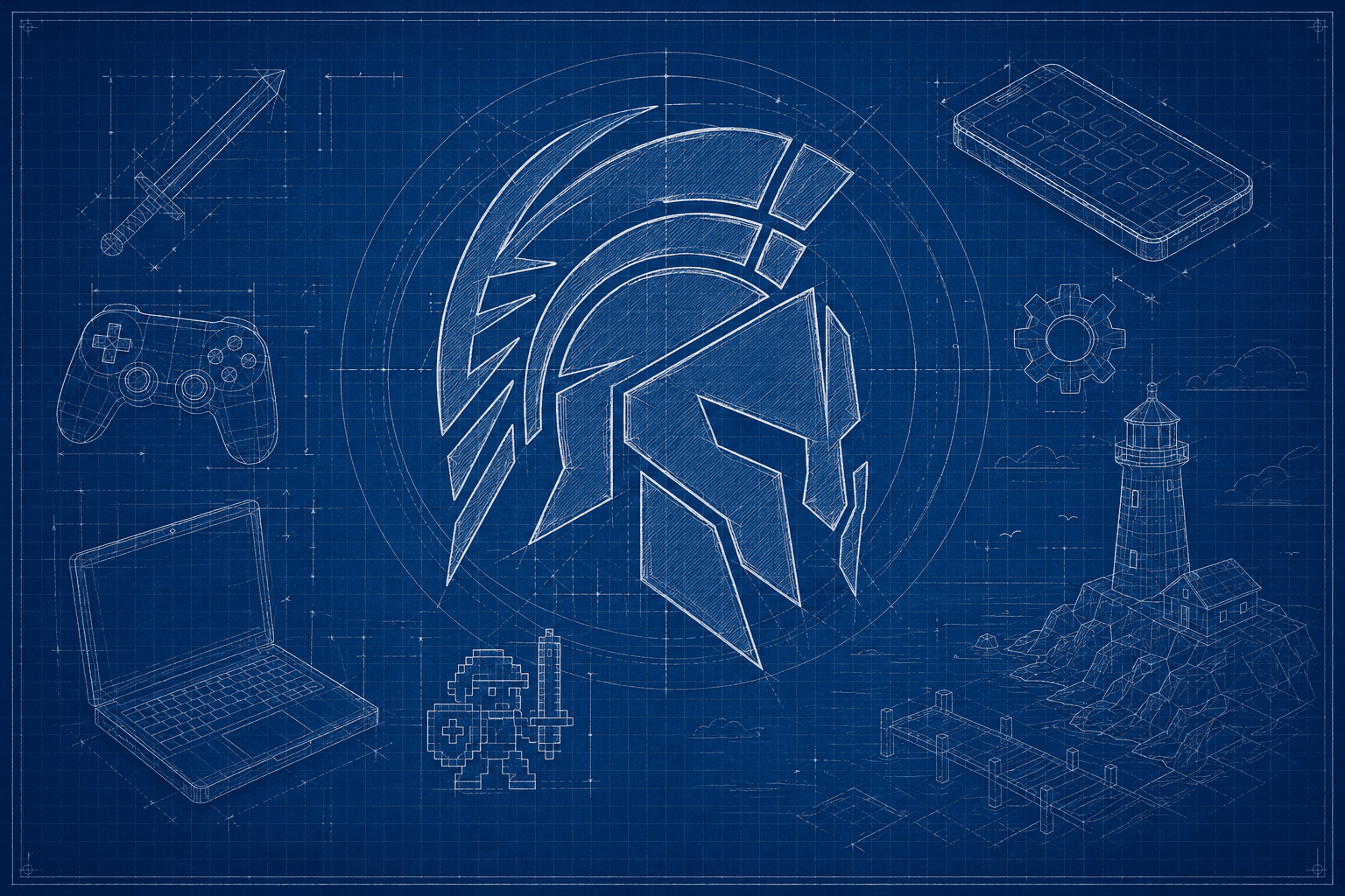 Blueprint illustration of the Ares helmet surrounded by game development and creative tools.