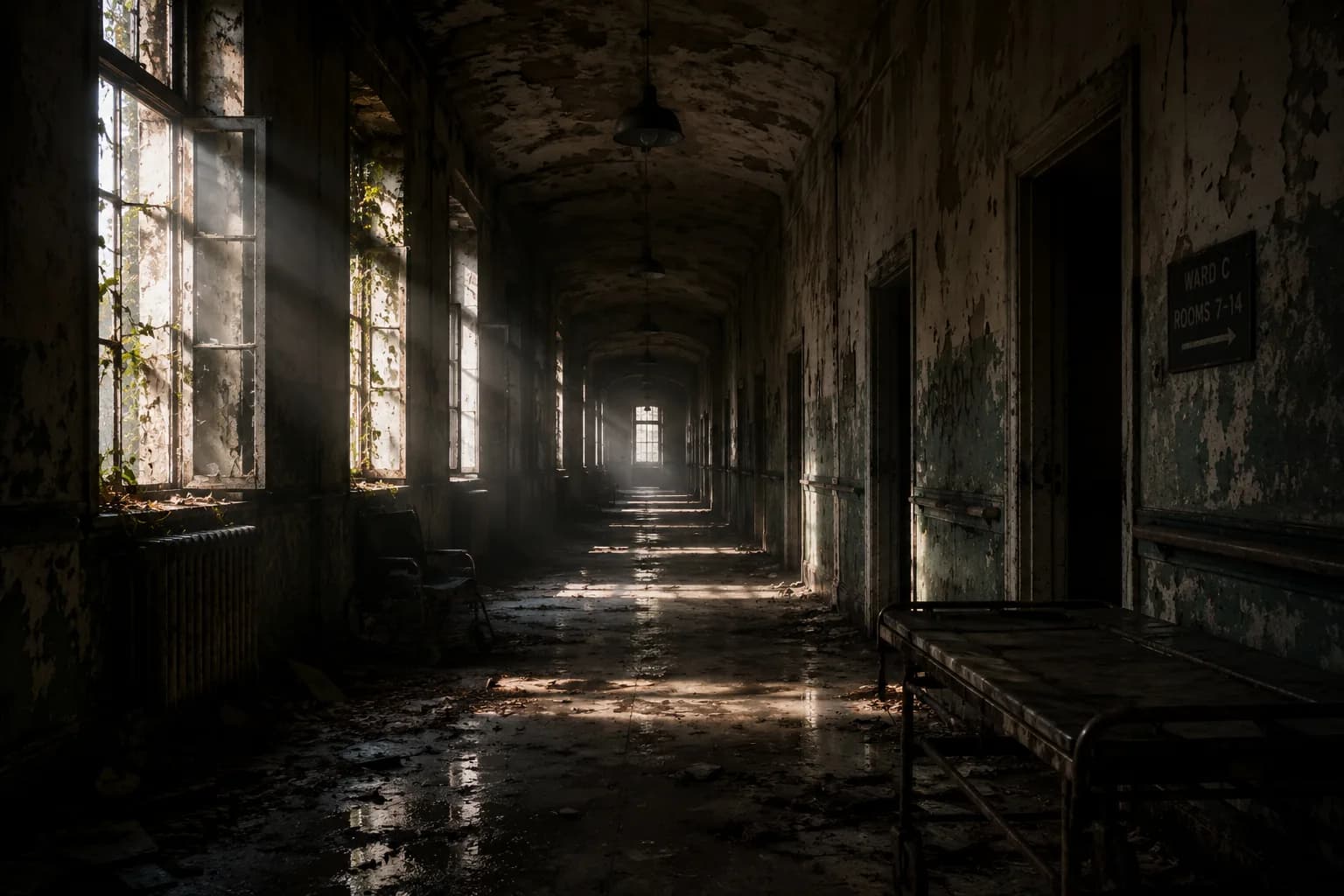 A derelict asylum corridor with peeling walls and an abandoned wheelchair, lit by daylight breaking through broken windows
